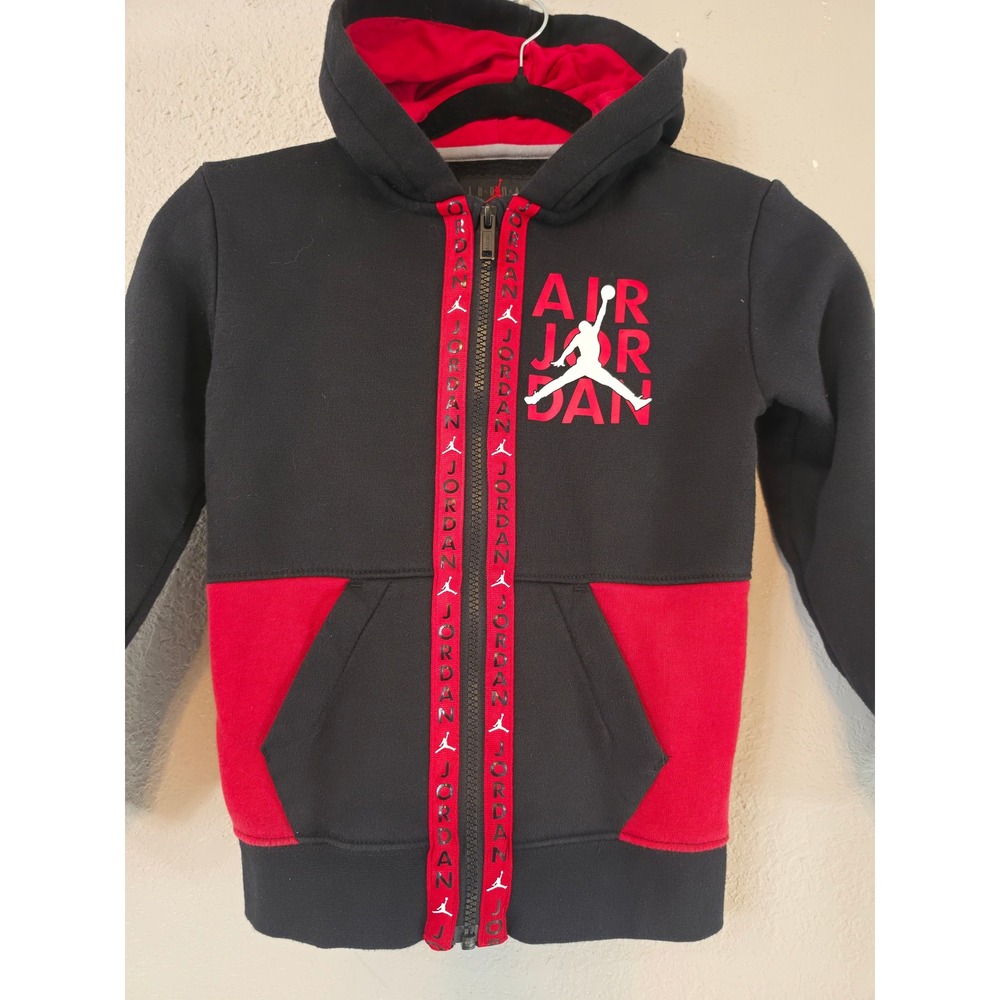 Jordan Boys Full Zip Hoodie Black Red Jumpman Logo Sweatshirt Size 7 L 6-7 Yrs